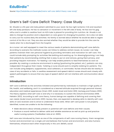 Orem’s Self-Care Deficit Theory: Case Study