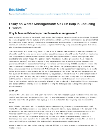 Essay on Waste Management: Alex Lin Help in Reducing E-waste