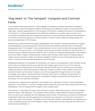 ‘Hag Seed’ Vs ‘The Tempest’: Compare and Contrast Essay