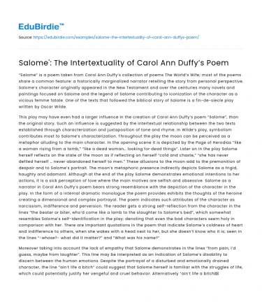 Salome’: The Intertextuality of Carol Ann Duffy’s Poem