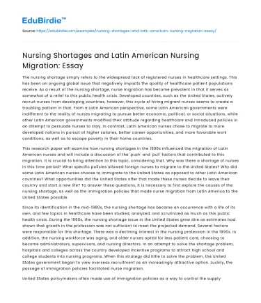Nursing Shortages and Latin American Nursing Migration: Essay
