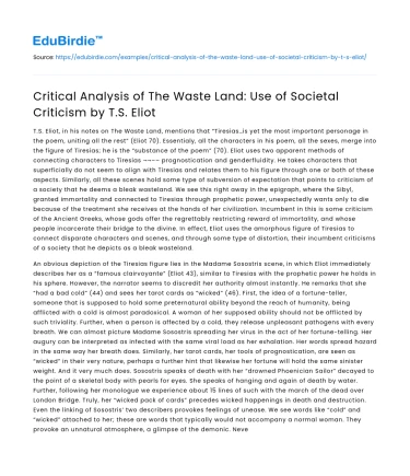 TS Eliot’s Societal Criticism in The Waste Land