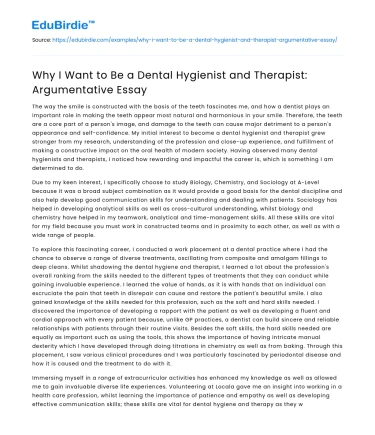 Why I Want to Be a Dental Hygienist and Therapist: Argumentative Essay