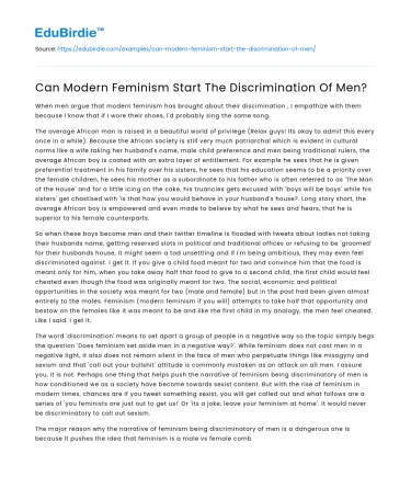 Can Modern Feminism Start The Discrimination Of Men?