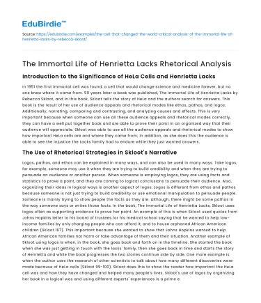 The Immortal Life of Henrietta Lacks Rhetorical Analysis