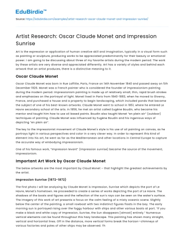 Artist Research: Oscar Claude Monet and Impression Sunrise