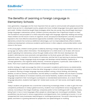 The Benefits of Learning a Foreign Language in Elementary Schools