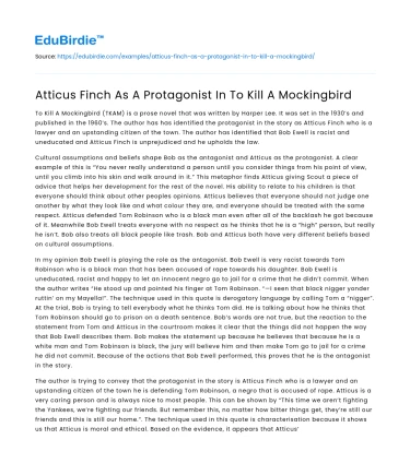 Atticus Finch As A Protagonist In To Kill A Mockingbird