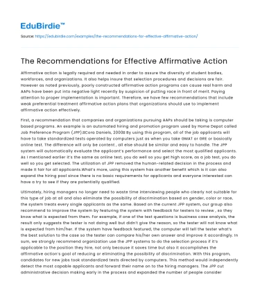The Recommendations for Effective Affirmative Action