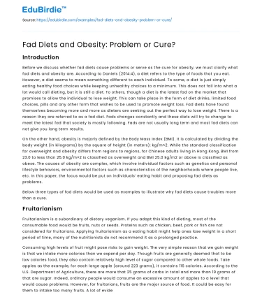 Fad Diets and Obesity: Problem or Cure?