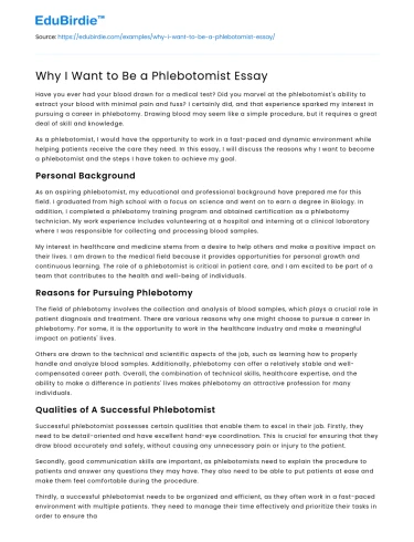 Why I Want to Be a Phlebotomist Essay