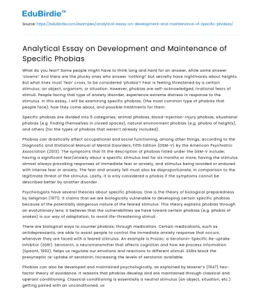 Analytical Essay on Development and Maintenance of Specific Phobias