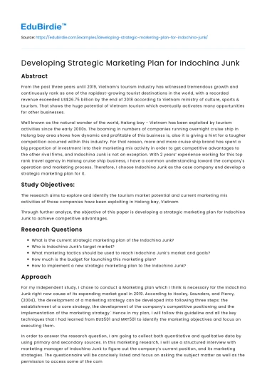 Developing Strategic Marketing Plan for Indochina Junk