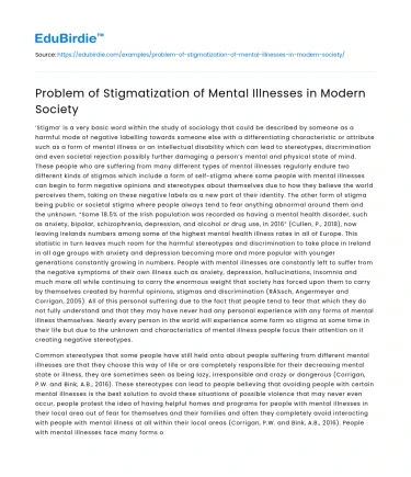 Problem of Stigmatization of Mental Illnesses in Modern Society