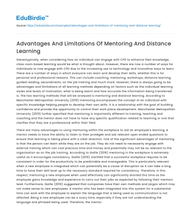 Advantages And Limitations Of Mentoring And Distance Learning