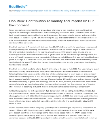 Elon Musk: Contribution To Society And Impact On Our Environment