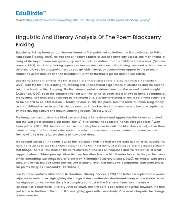 Linguistic And Literary Analysis Of The Poem Blackberry Picking