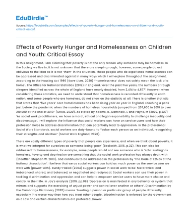 Impact of Poverty, Hunger, Homelessness on Children