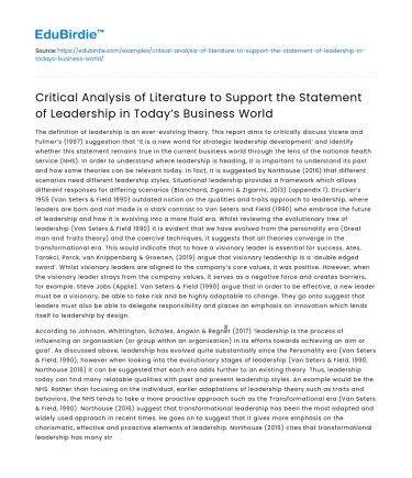 Analysis of Literature on Leadership in Today’s Business World
