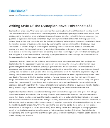 Writing Style Of The Dystopian Novel Fahrenheit 451