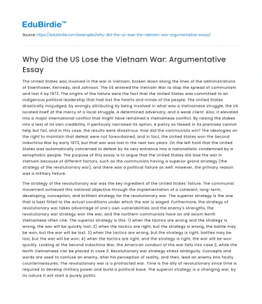 Why Did the US Lose the Vietnam War: Argumentative Essay