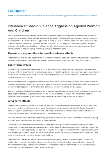 Influence Of Media Violence Aggression Against Woman And Children