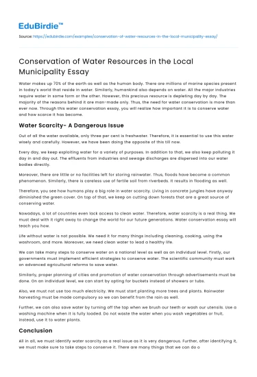 Conservation of Water Resources in the Local Municipality Essay