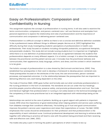 Essay on Professionalism: Compassion and Confidentiality in Nursing