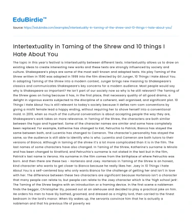 Intertextuality in Taming of the Shrew and 10 things I Hate About You