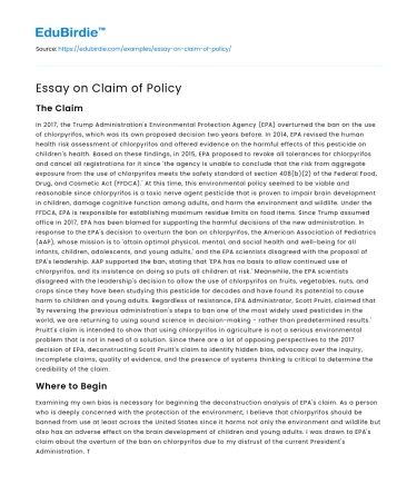 Essay on Claim of Policy