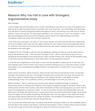 Reasons Why You Fall in Love with Strangers: Argumentative Essay