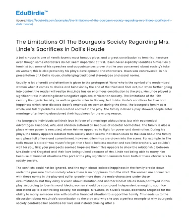 Limitations of Bourgeois Society on Mrs Linde’s Sacrifices in Doll’s House