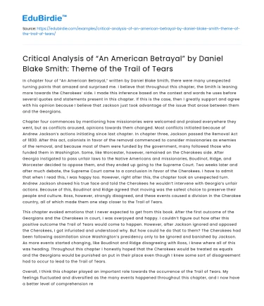 Theme of Trail of Tears in “An American Betrayal” by Daniel Smith