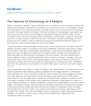 The Features Of Scientology as A Religion