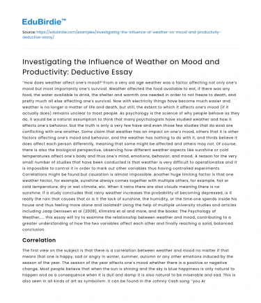 Weather’s Influence on Mood and Productivity: Deductive Essay