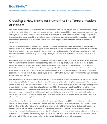 Creating a New Home for Humanity: The Terraformation of Planets