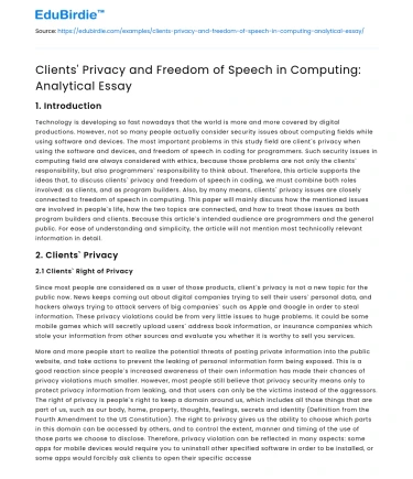 Clients’ Privacy and Freedom of Speech in Computing: Analytical Essay