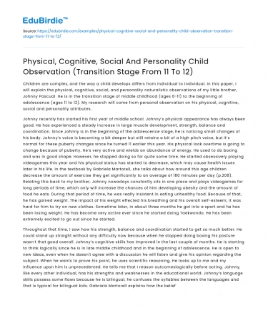Child Observation: Transition Stage from 11 to 12