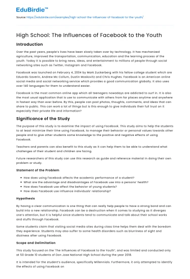 High School: The Influences of Facebook to the Youth