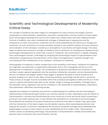 Scientific and Technological Developments of Modernity: Critical Essay
