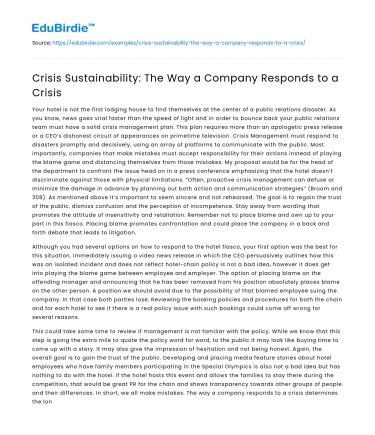 Crisis Sustainability: The Way a Company Responds to a Crisis