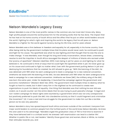Nelson Mandela’s Legacy Essay