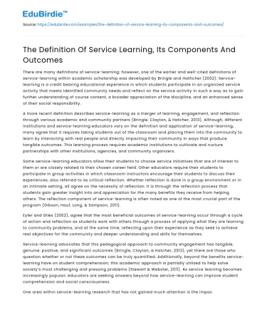 The Definition Of Service Learning, Its Components And Outcomes