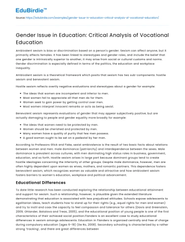 Gender Issue in Education: Critical Analysis of Vocational Education