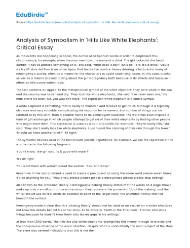 Analysis of Symbolism in ‘Hills Like White Elephants’: Critical Essay