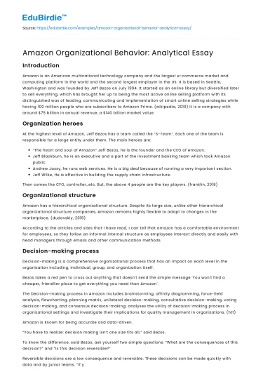 Amazon Organizational Behavior: Analytical Essay