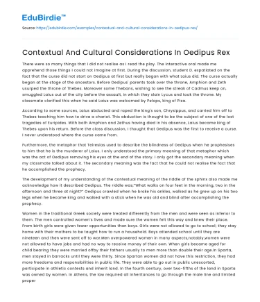Contextual And Cultural Considerations In Oedipus Rex