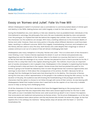 Essay on ‘Romeo and Juliet’: Fate Vs Free Will