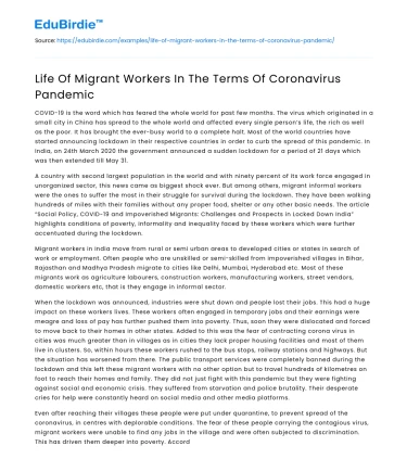 Life Of Migrant Workers In The Terms Of Coronavirus Pandemic