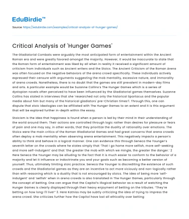 Critical Analysis of ‘Hunger Games’